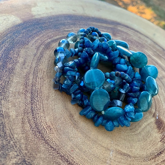 Natural Blue Gray Apatite, Jasper & Moonstone Gemstone Mix Bead Bracelet Stack - Picture 3 of 13